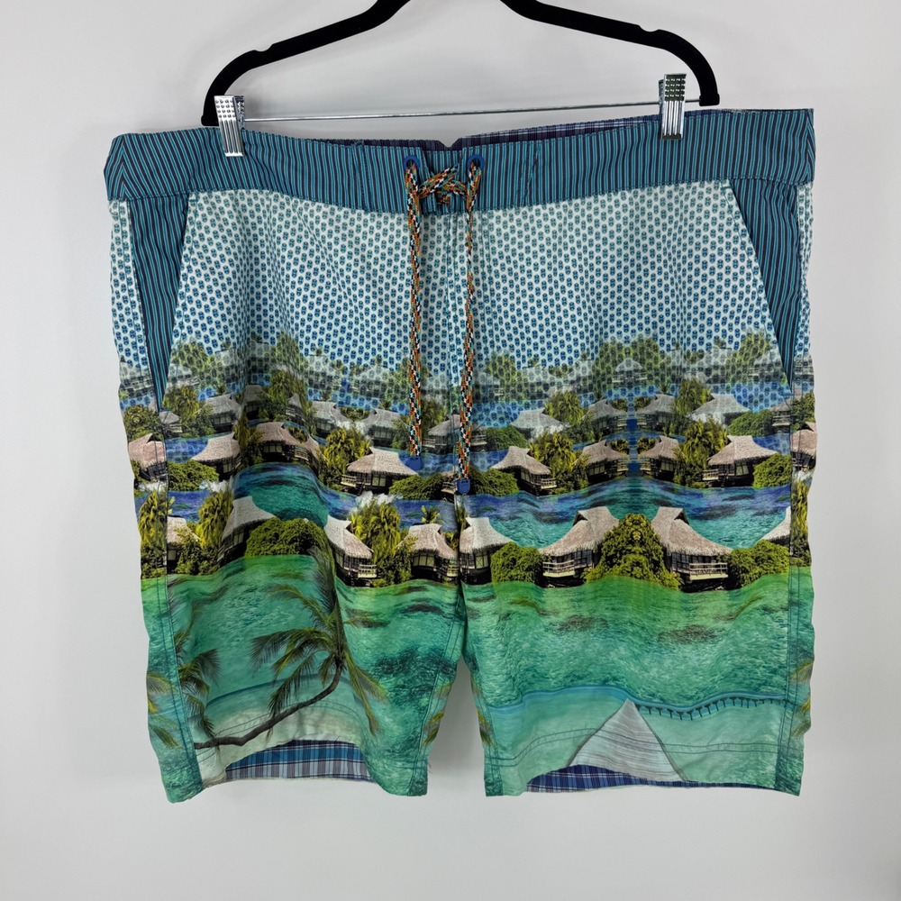 Robert Graham Mens Tropical Bungalow Print Swim Trunks Size 44 Board Shorts